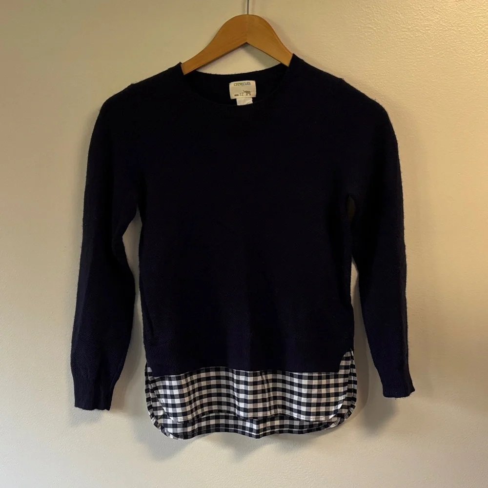 Crewcuts Navy Sweater with Checkered Hem girls sz 12 merino wool blend